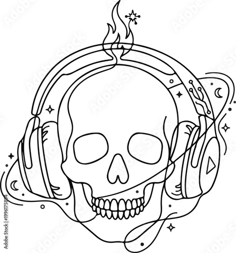 Minimalist line art of a skull wearing headphones with fire, celestial stars, and abstract music waves.