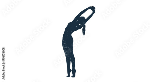 Silhouette of a woman stretching on tiptoes, graceful pose, dark blue textured figure