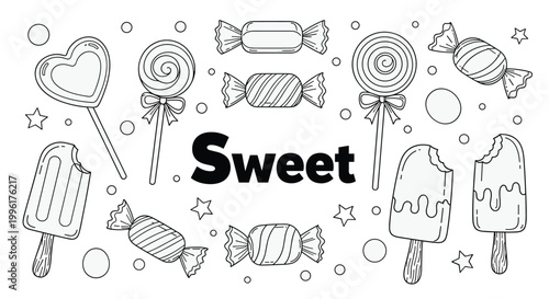 Coloring book illustration of various sweets such as lollipops candies and ice cream bars with decorative stars and circles.