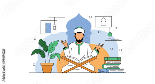 Muslim man sitting on a prayer rug and reading the Quran in a stylized mosque setting with stacks of religious books.