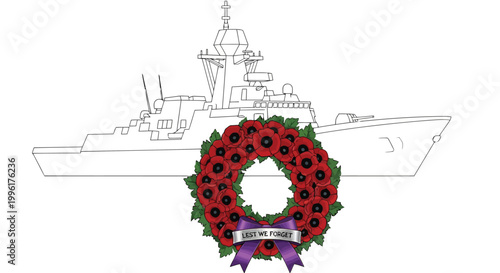 Warship behind a remembrance poppy wreath with lest we forget ribbon for veteran commemoration isolated on white background