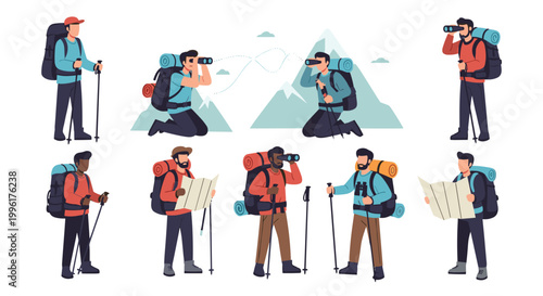 Diverse group of male hikers with backpacks using binoculars and maps in a scenic mountain landscape during a trip.