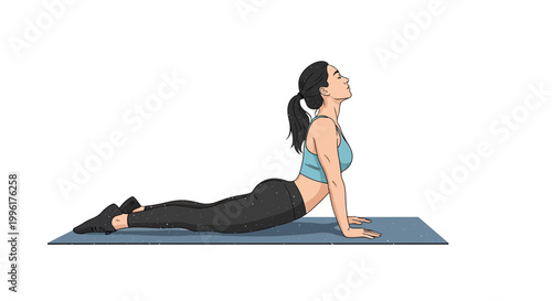 Woman practicing cobra pose on yoga mat, full body stretch