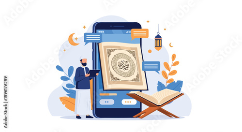 Islamic digital learning concept showing a man praying with a smartphone displaying the Quran in a stylized environment.