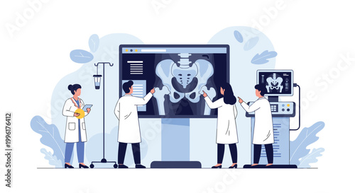 Group of medical professionals in lab coats standing together to examine a large digital X-ray scan of a human pelvis in a clinic.