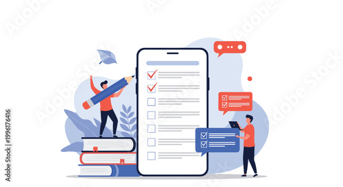 Two people use a giant smartphone to complete an online checklist survey while standing on stacks of books for academic research.