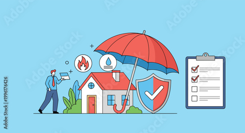 Home insurance protection concept showing an umbrella sheltering a small house from fire and water damage with a checklist icon.