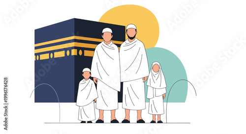 Muslim family including parents and children dressed in white Ihram standing together in front of the holy Kaaba for pilgrimage.