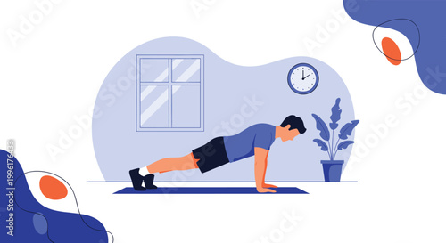 Determined young man performs a plank exercise on a mat in his living room as part of a healthy home fitness and core workout.