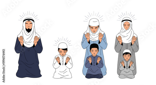 Set of Muslim men and boys in different traditional clothing performing Salah prayer in a row on a clean white background.
