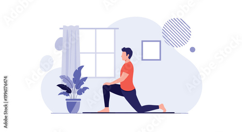 Fit man in activewear performing a forward lunge stretch in his living room for a daily home workout and flexibility training.