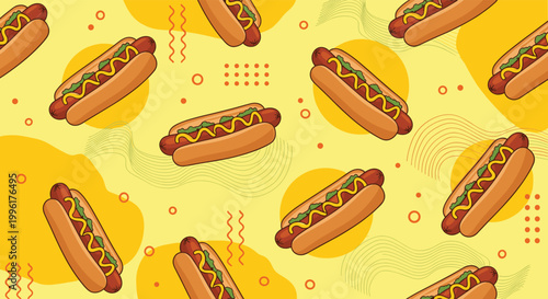 Delicious fast food pattern showing repeated hot dogs with mustard and relish on a vibrant yellow background with abstract shapes.