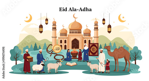 Religious illustration of a family celebrating Eid Ala-Adha with sacrificial animals and a mosque in a peaceful landscape setting.