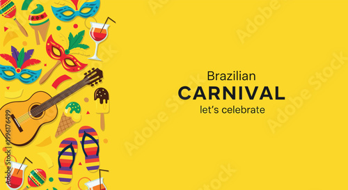 Colorful Brazilian Carnival invitation with festive masks, a guitar, tropical cocktails, and frozen treats on a bright yellow base.