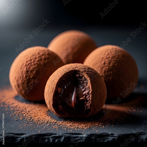 Luxurious dark chocolate truffles dusted with cocoa powder one broken open revealing a rich molten ganache center presented on a dark slate surface with dramatic lighting