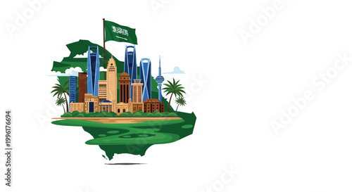 Saudi Arabia map silhouette with modern city skyline including landmarks and national flag for celebration and tourism concept.
