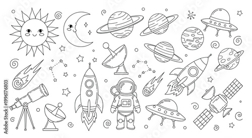 Space and astronomy collection with planets astronaut rocket ship and satellite in cute black and white line art style for kids.