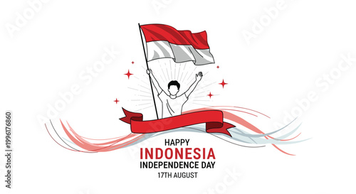 Happy Indonesia Independence Day celebration banner with man holding flag and red ribbon on August 17 in line art style.