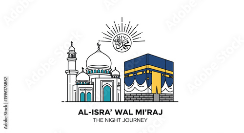 Al-Isra' wal Mi'raj celebration illustration with mosque kaaba and crescent moon for the Night Journey religious event.