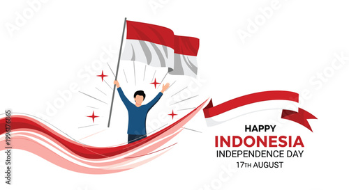 Happy Indonesia Independence Day celebration banner with man waving national flag on August 17 on white background.