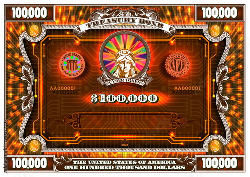 Vector glowing orange symmetrical treasury bond. One hundred thousand dollars. Bright contrasting security, rays, computer chip, luminescent glow. Virtual cyber non-fungible token. 3D NFT. 100000