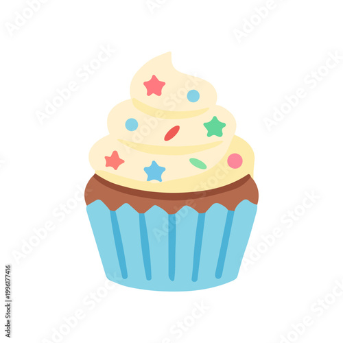 Colorful cupcake with frosting and sprinkles.