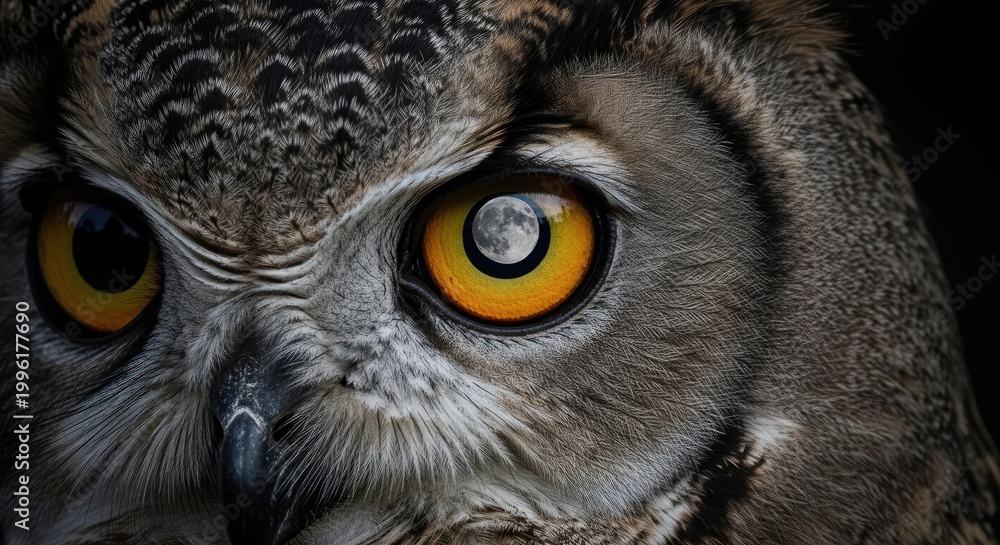 Obraz premium Close-up of Great Horned Owl Eye with Moon Reflection