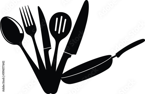 Black kitchen cutlery set icon flat design isolated on white background, Vector