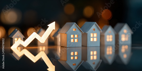 A close up view of miniature white houses on a reflective surface, featuring a rising arrow symbolizing growth and prosperity.