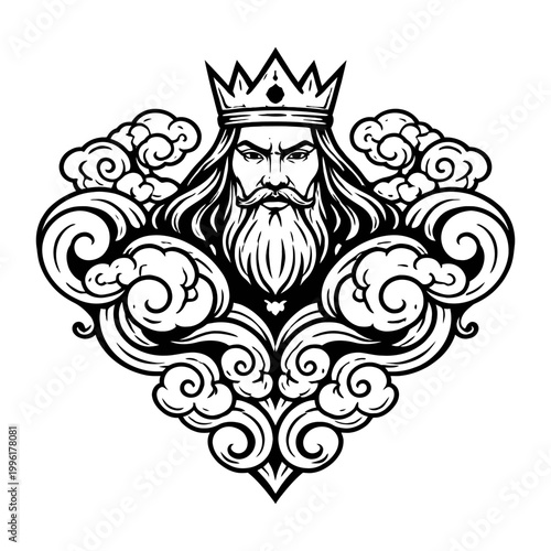 A regal king with a long beard and crown surrounded by swirling clouds and ornate designs in a heart-shaped frame bes89.eps