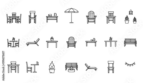 Garden furniture line icon vector set with patio chair table umbrella and backyard elements
