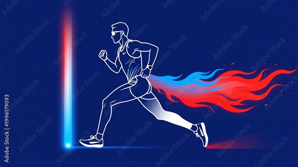 Naklejka premium Energetic runner sprinting towards a glowing vertical light beam