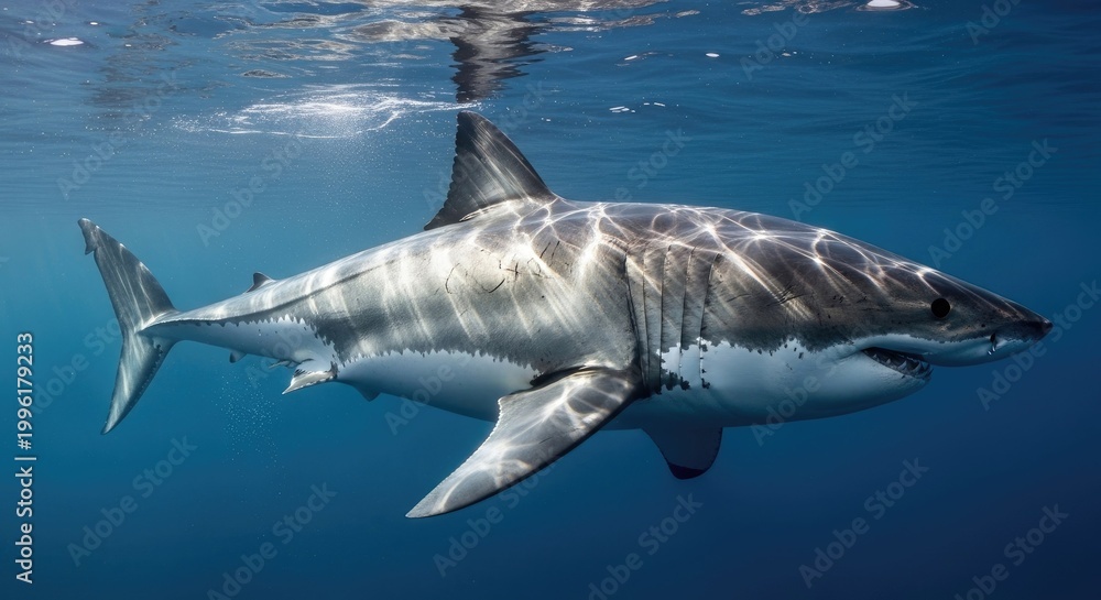 Obraz premium Great White Shark Swimming Underwater in Deep Blue Ocean