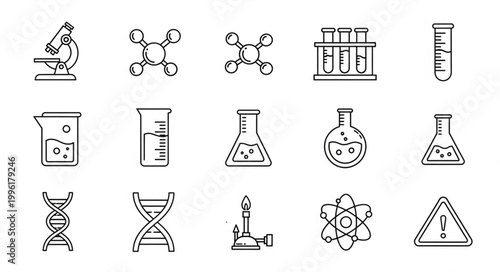 Collection of scientific laboratory equipment and symbols hand-drawn icons.