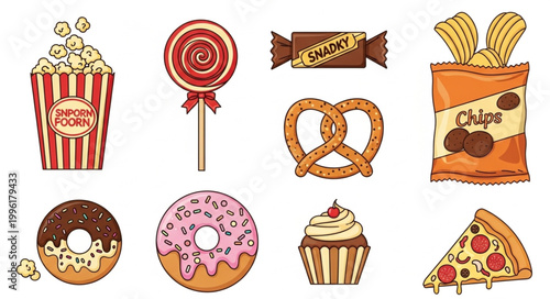 Collection of Popular Snack Foods and Sweets.