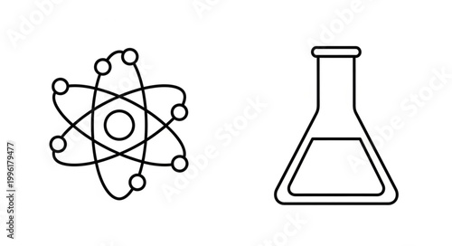 Atomic structure and laboratory flask icons representing science.