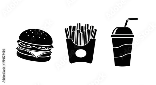 Black silhouette icons of hamburger french fries and soda cup