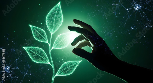 Digital plant growth in a futuristic, glowing network