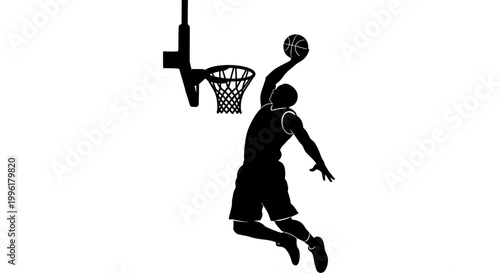 Silhouette of a basketball player dunking a ball into hoop