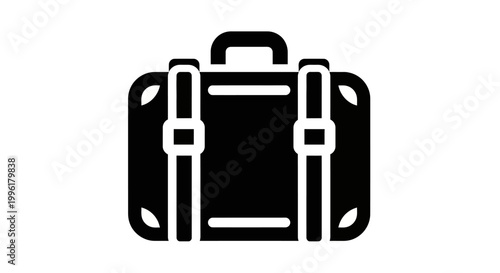 Black and white briefcase icon with handle and buckles