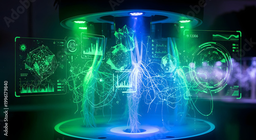 Immersive holographic display of human biological systems, showcasing intricate anatomical structures and real-time medical data for advanced diagnostics and futuristic scientific research