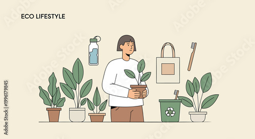 Eco friendly lifestyle, sustainable living, green plants, minimalistic illustration, eco conscious