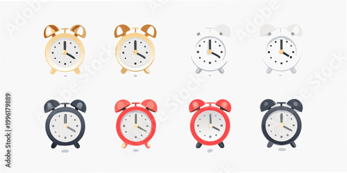 Collection of colorful analog alarm clocks displaying different times