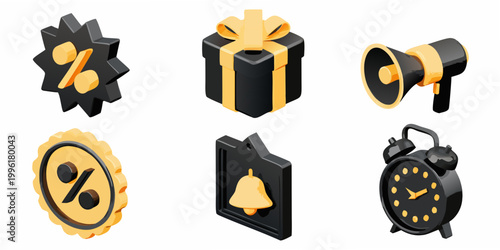 Isometric black and gold icons representing sales promotions and time