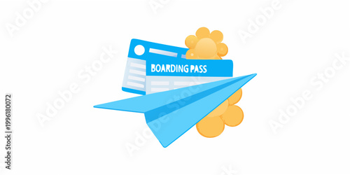 A paper airplane launching from a boarding pass with golden coins