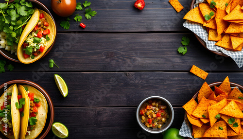 A photo of Mexican food, including tacos, guacamole, pico de gallo, nachos and others, shot from the top with ingredients on a dark rustic wooden background. White tone