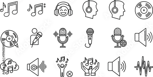 Audio and Music Line Icon Set with Microphones, Headphones, Sound Waves, Speakers, Vinyl Records and Listening Symbols Vector Illustration Collection