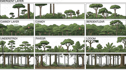 Tableau sur toile Vector Illustration of Forest Ecosystem Layers (Emergent, Canopy, Understorey) w