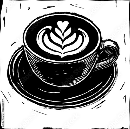 Hand Drawn Linocut Latte Coffee Cup with Heart Art Black and White