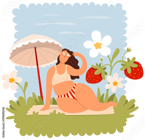 A girl in a swimsuit in a village or on a beach with a flower bed and strawberries Flatstyle illus